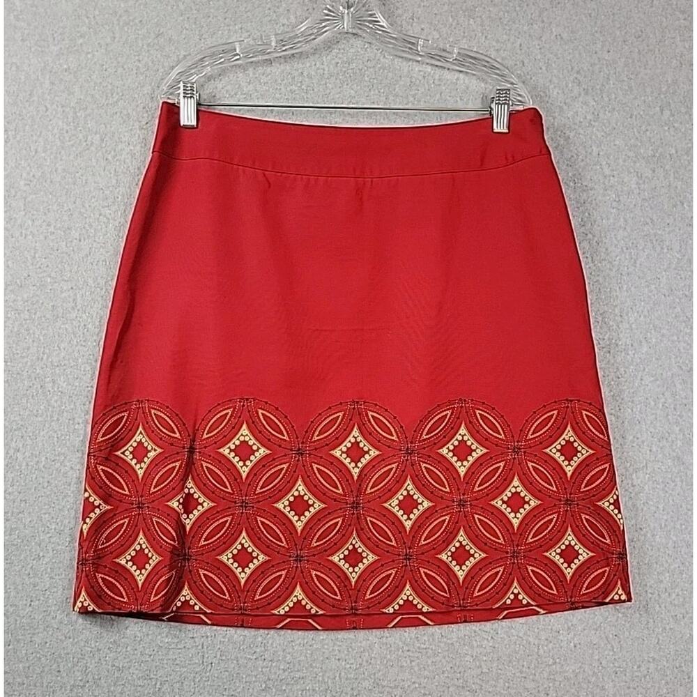 Talbots Cotton Red Geometric Embroidered Side Zip A Line Skirt Women's Plus 16